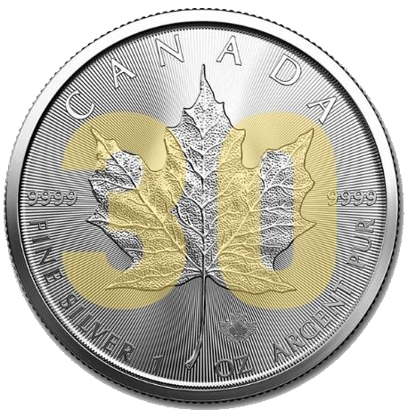 Stříbrná mince se zlatým číslem a certifikátem v dárkové krabičce1 oz Maple Leaf