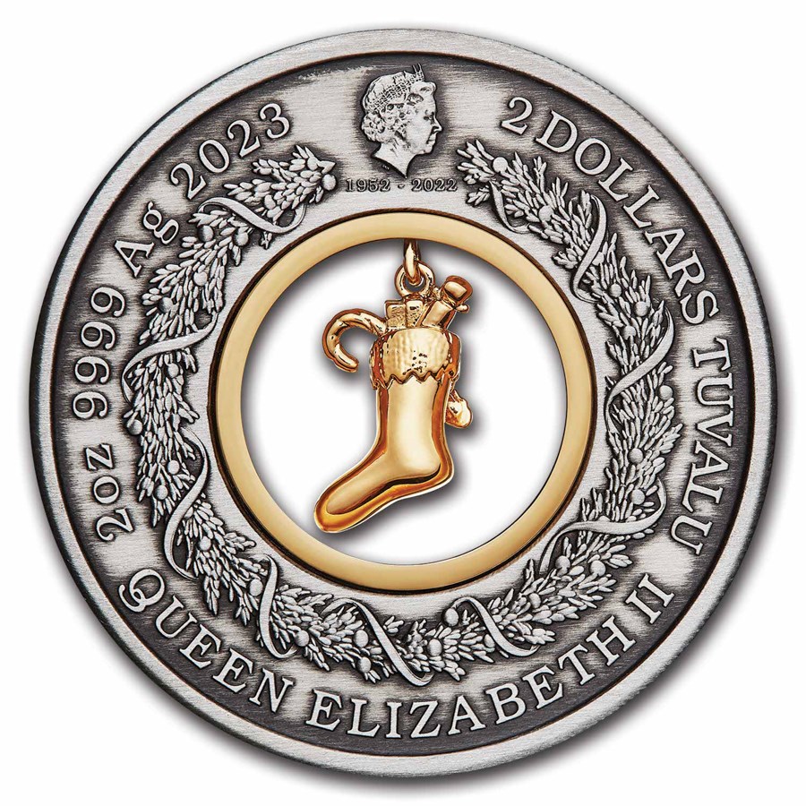 Stříbrná mince 2 oz Vánoční punčocha 2023 Ostařená, Pozlacená PŘEDOBJEDNÁVKA