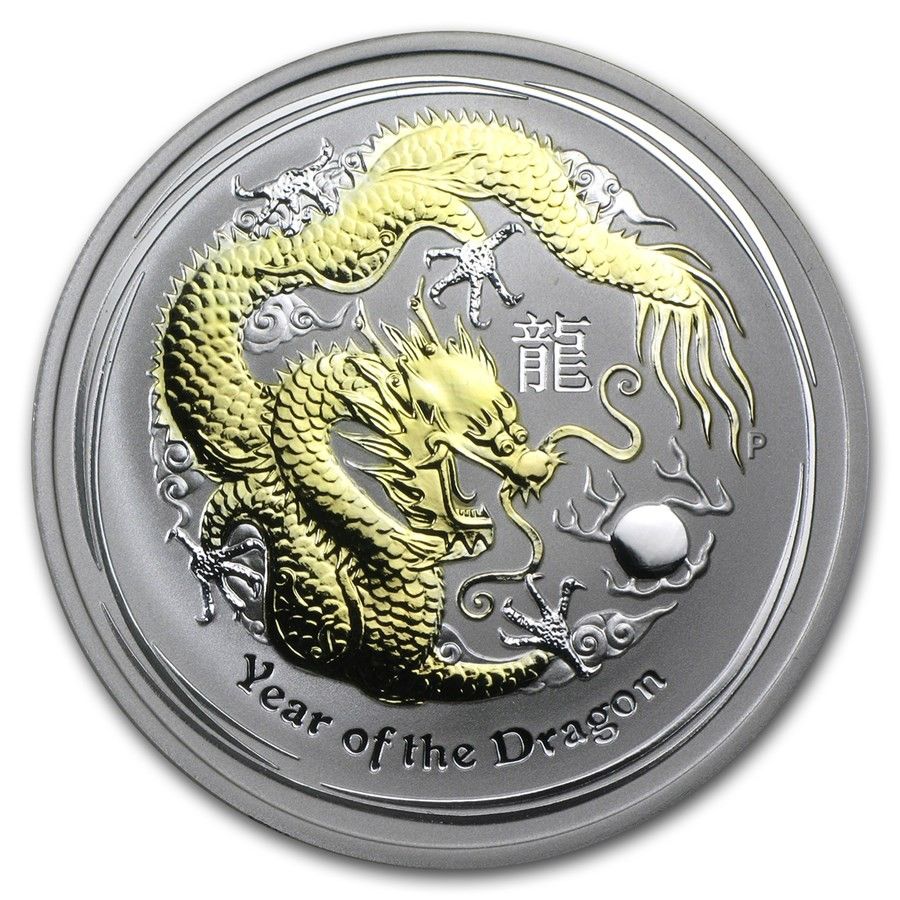 Stříbrná mince 1 oz Drak Lunární série II 2012 Zlacená