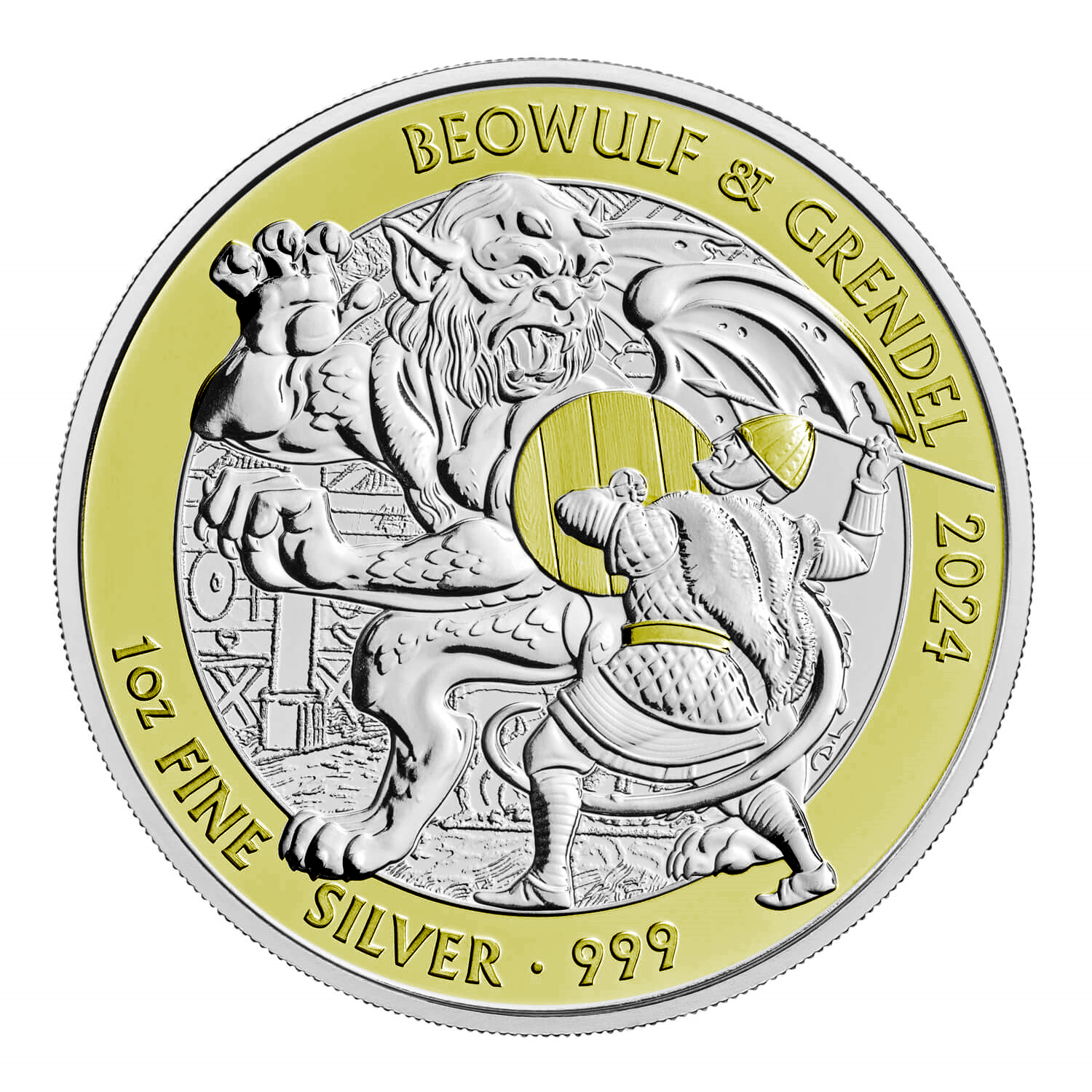 Stříbrná mince Beowulf & Grendel 2024 1oz BU zlacená