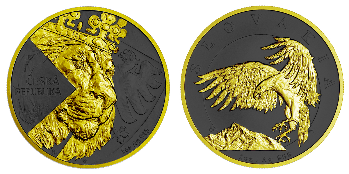 Stříbrná ruthenium mince 2x 1 oz Český lev 2024 a Slovenský orol Zlacený Sada v Etui